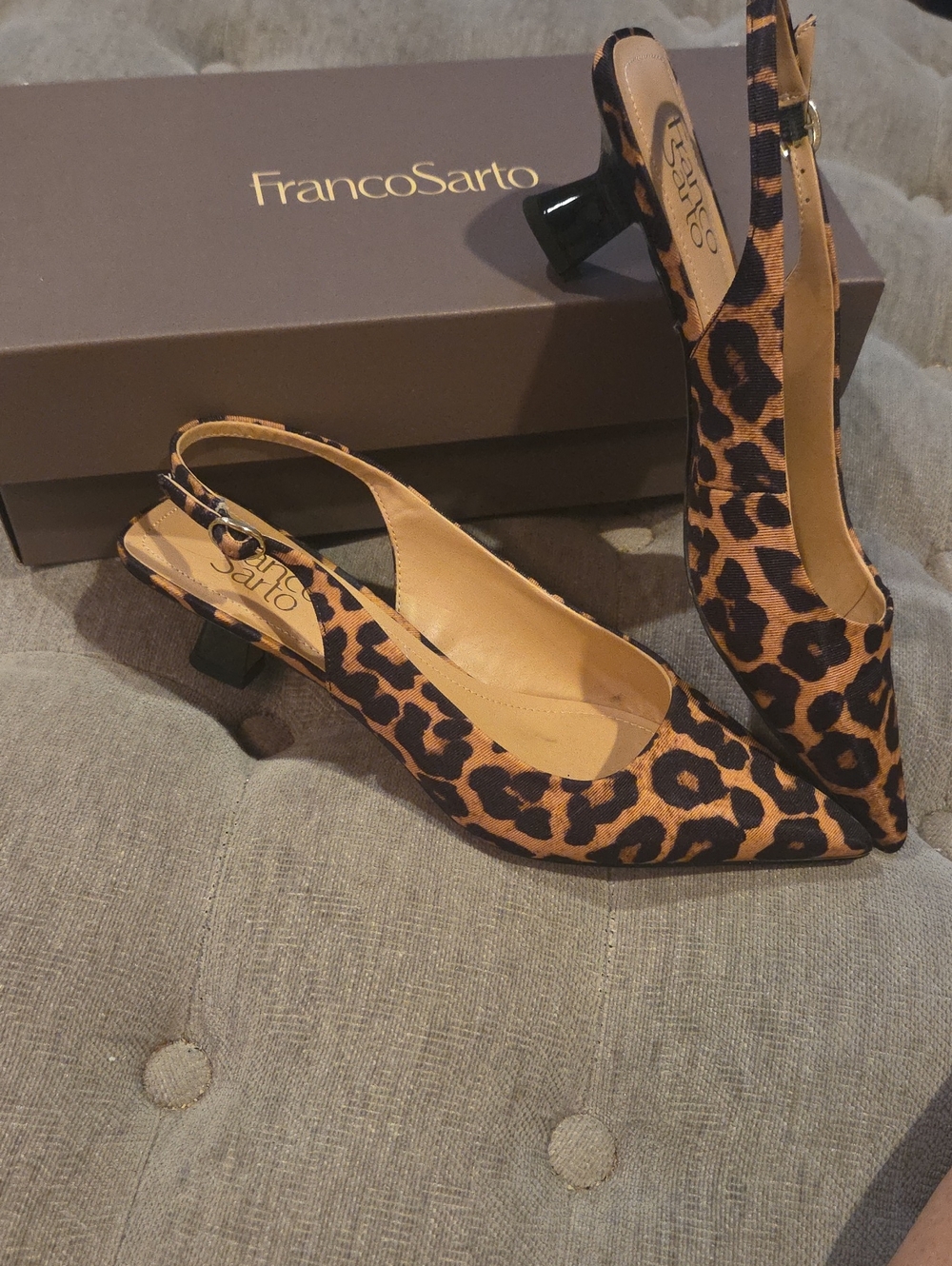 Franco Sarto Leopard Slingback Pointed Toe Pumps in Brown and Black